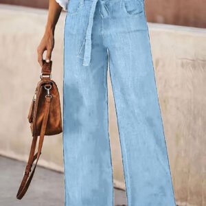 women-light-blue-high-waist-tie-belt-wide-leg-denim-pants